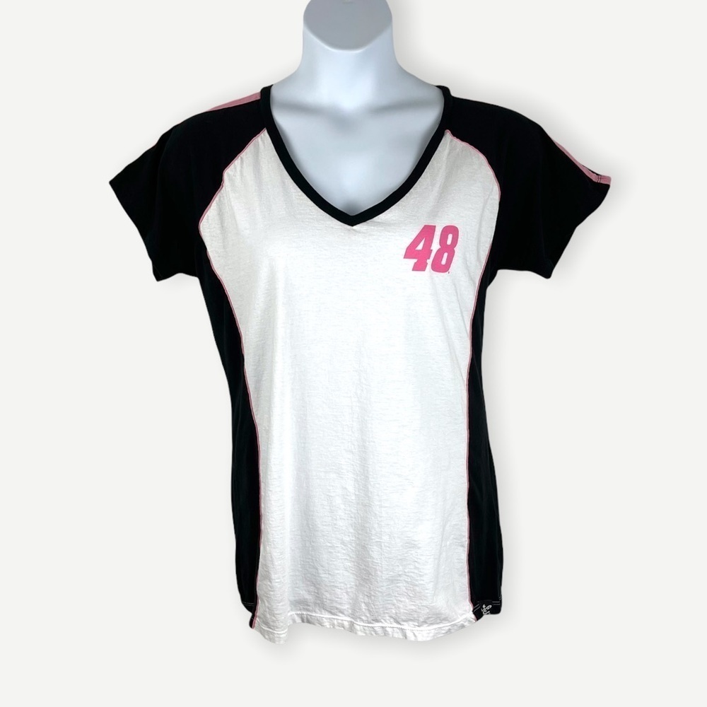 NASCAR Jimmie Johnson Ladies Pink Raglan Stripe Sleeve Shirt